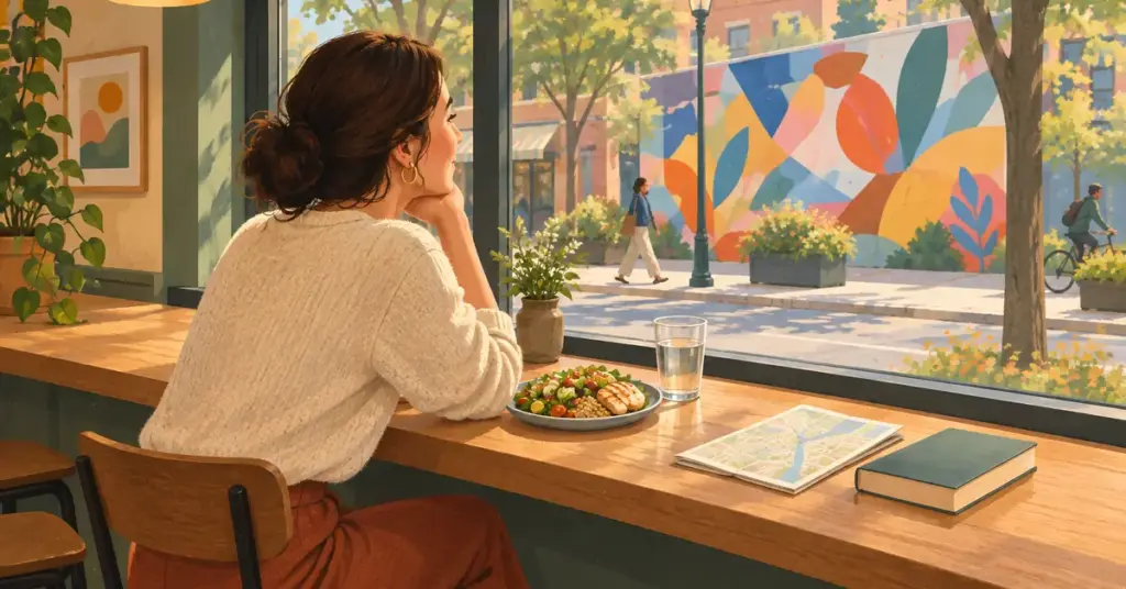 A woman enjoying lunch alone at a café counter beside a window overlooking a neighborhood mural.